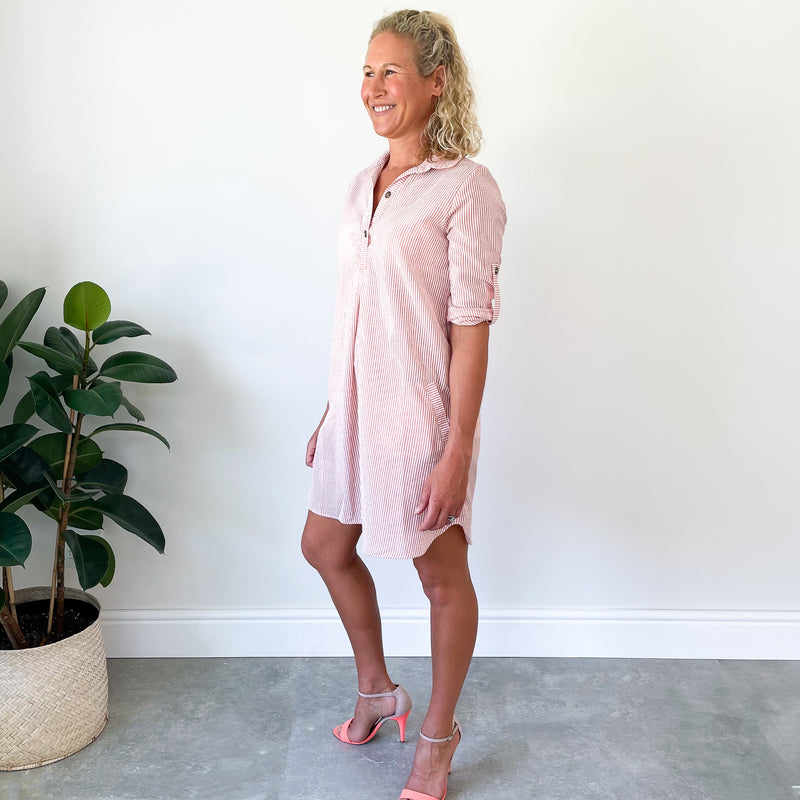 3/4 Sleeve Shirt Dress - Flamingo Stripe