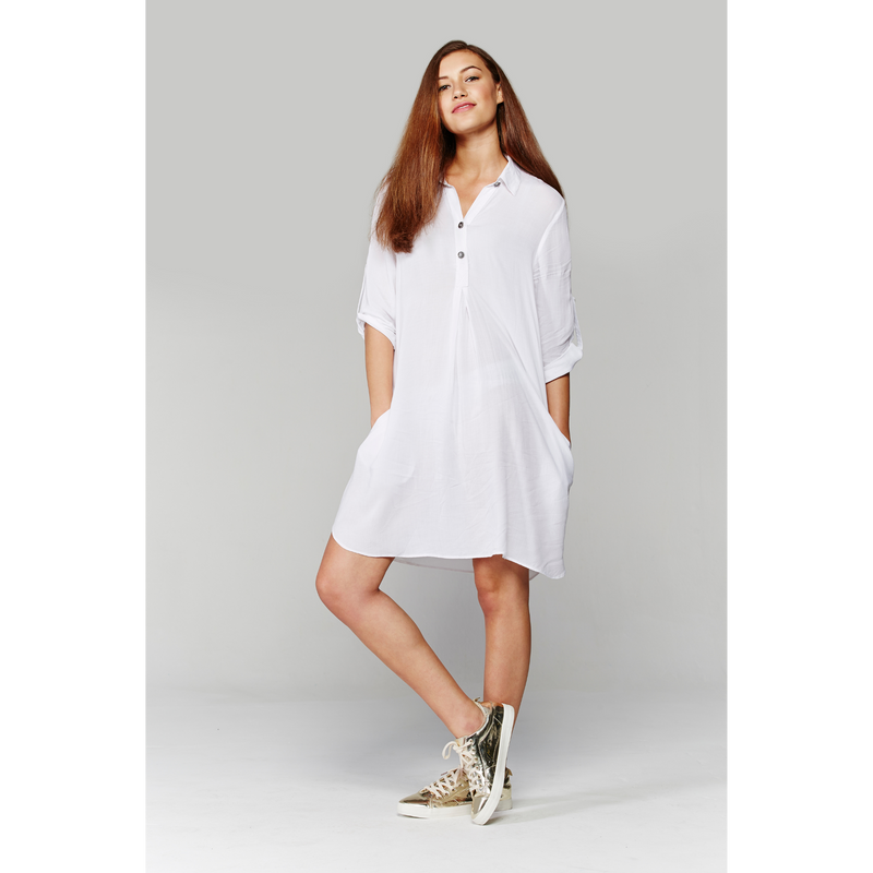 3/4 Sleeve Shirt Dress - White
