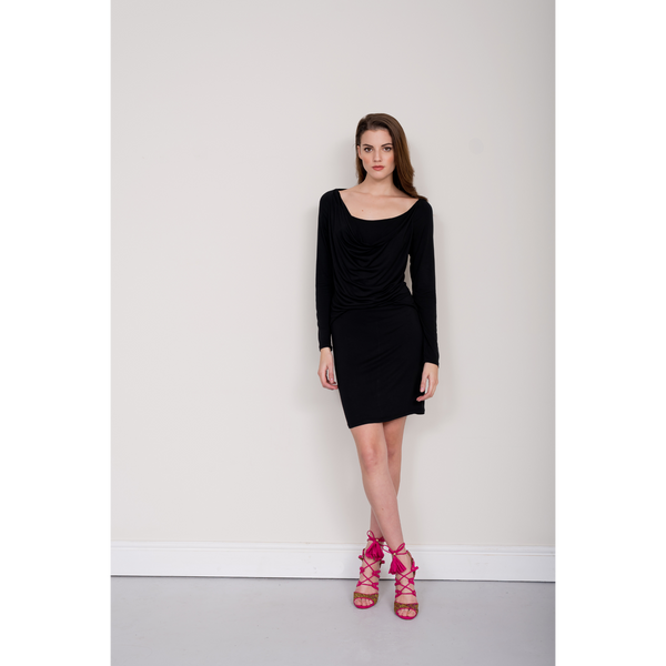 Long Sleeve Cowl Neck Dress - Black