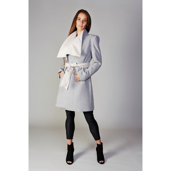 Wrap Coat with Big Collar - Grey/Blonde