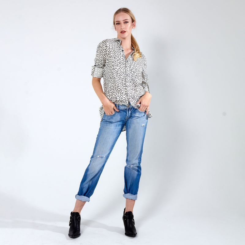 Longer Length Shirt - Cream Dot Print