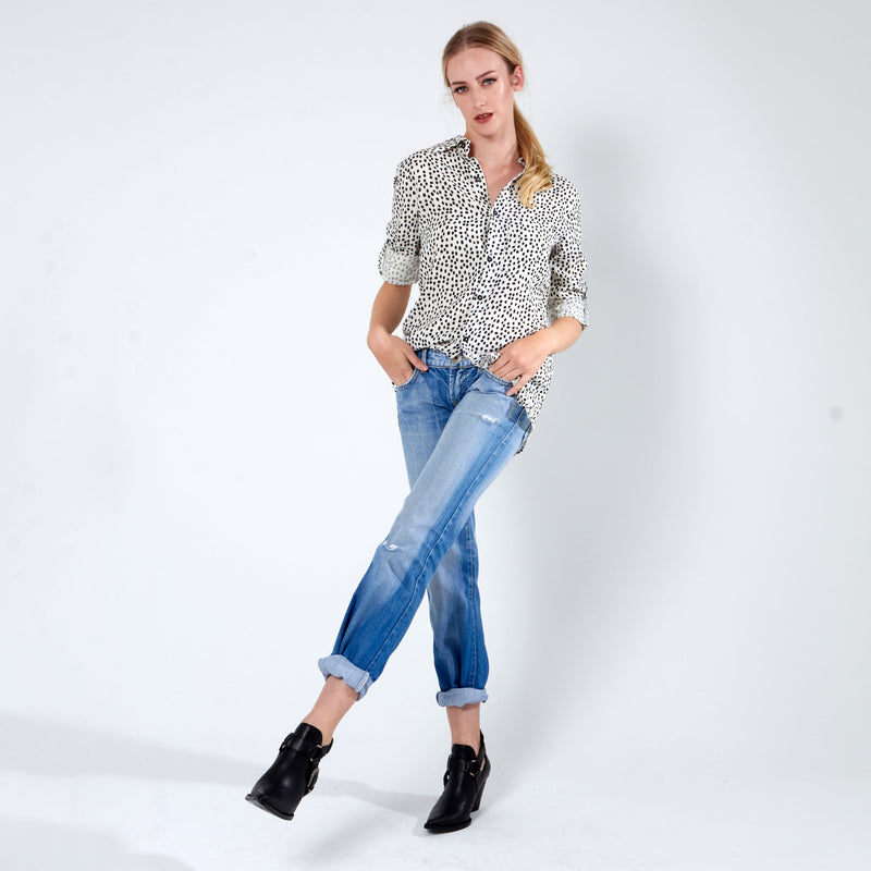 Longer Length Shirt - Cream Dot Print
