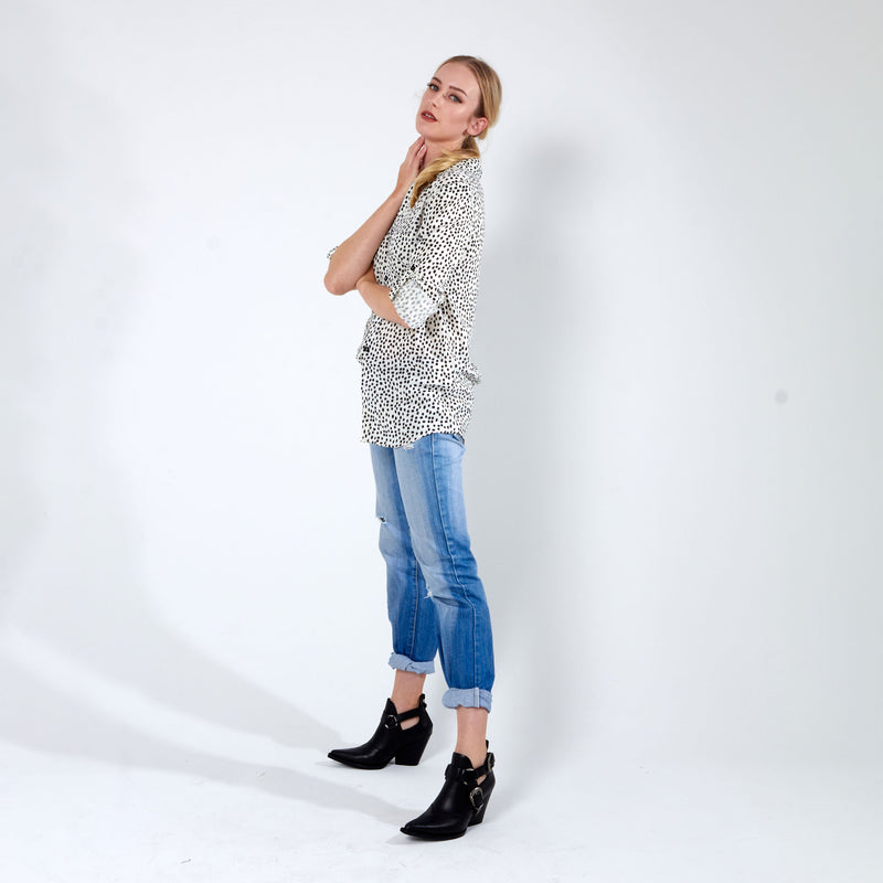 Longer Length Shirt - Cream Dot Print