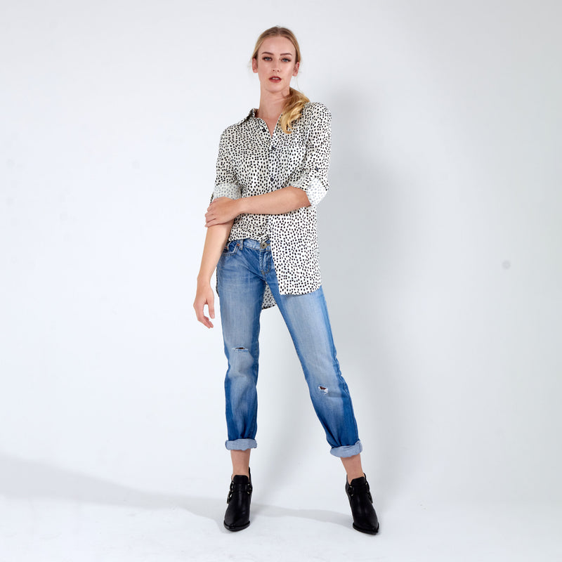 Longer Length Shirt - Cream Dot Print