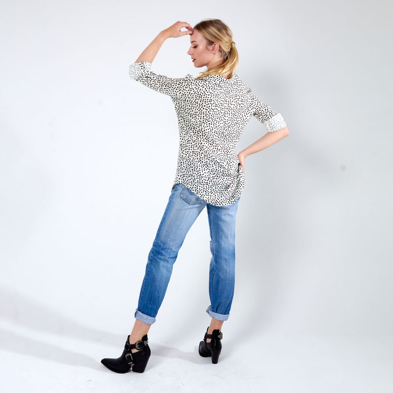 Longer Length Shirt - Cream Dot Print
