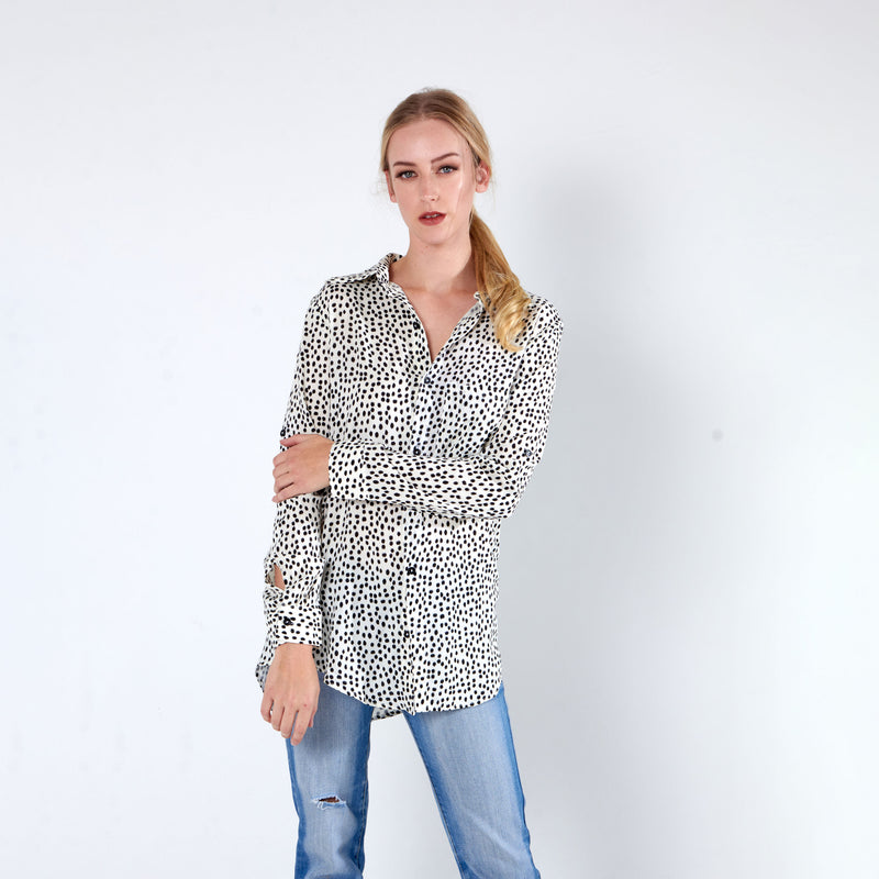 Longer Length Shirt - Cream Dot Print