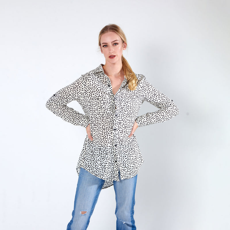 Longer Length Shirt - Cream Dot Print