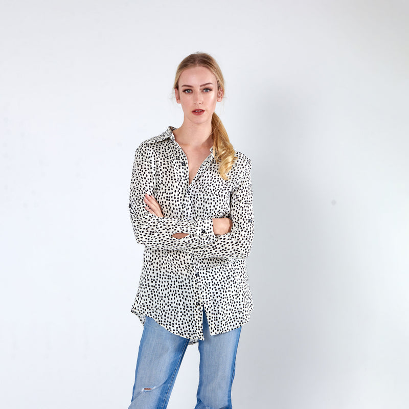 Longer Length Shirt - Cream Dot Print