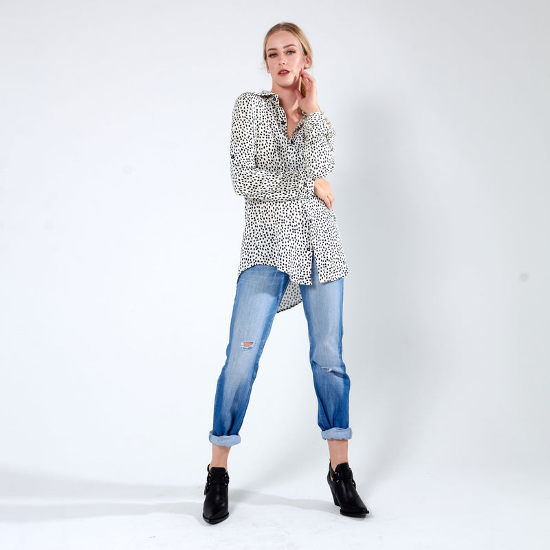 Longer Length Shirt - Cream Dot Print