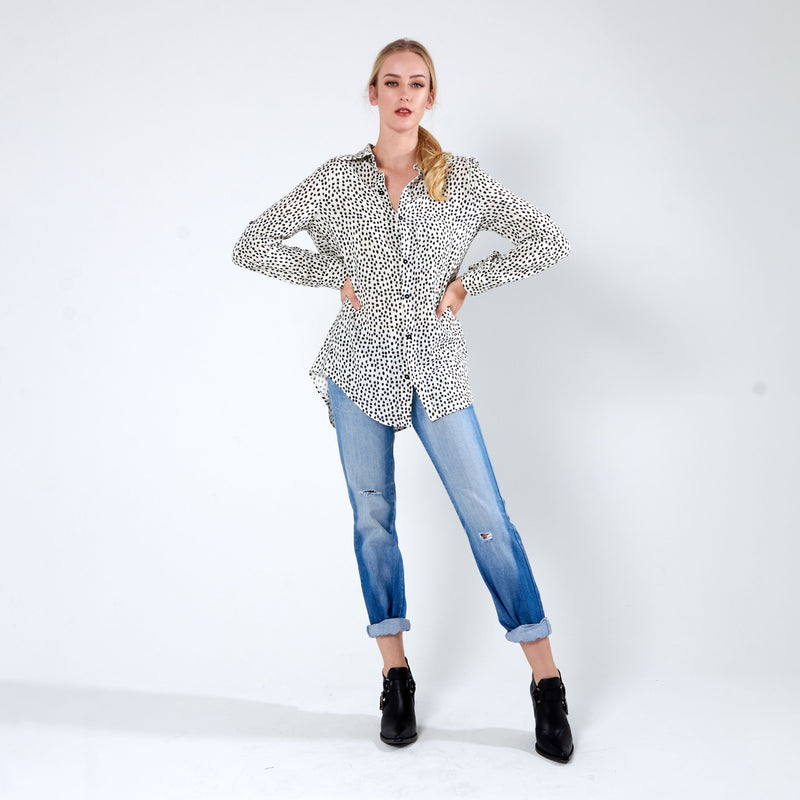 Longer Length Shirt - Cream Dot Print