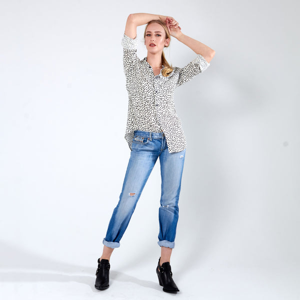 Longer Length Shirt - Cream Dot Print