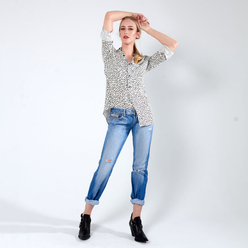 Longer Length Shirt - Cream Dot Print