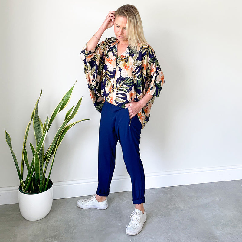 Easy Fit Pants with Metal Zip Detail - Navy