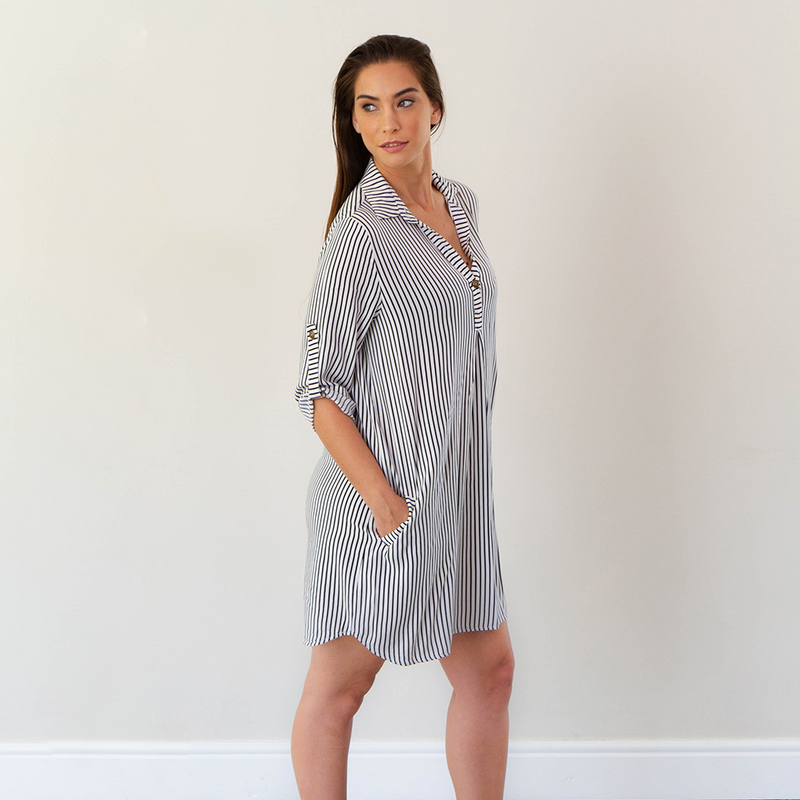 3/4 Sleeve Shirt Dress - Black/White Stripe