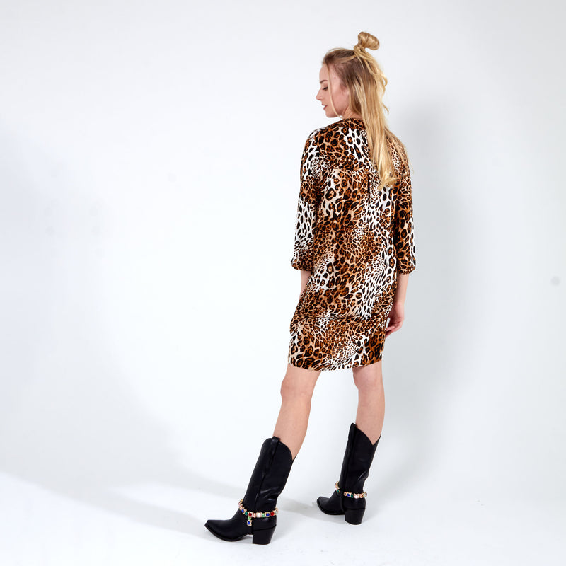 3/4 Sleeve Shirt Dress - Brown Leopard