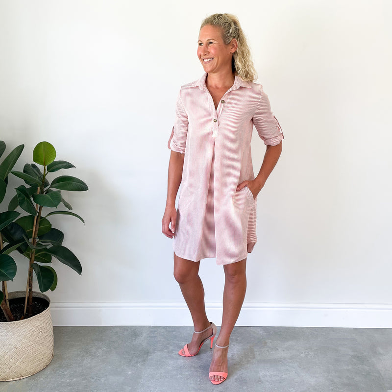 3/4 Sleeve Shirt Dress - Flamingo Stripe