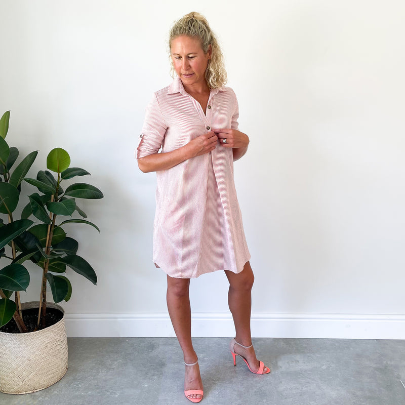 3/4 Sleeve Shirt Dress - Flamingo Stripe