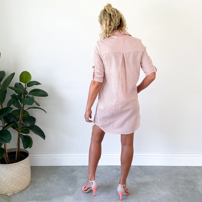 3/4 Sleeve Shirt Dress - Flamingo Stripe