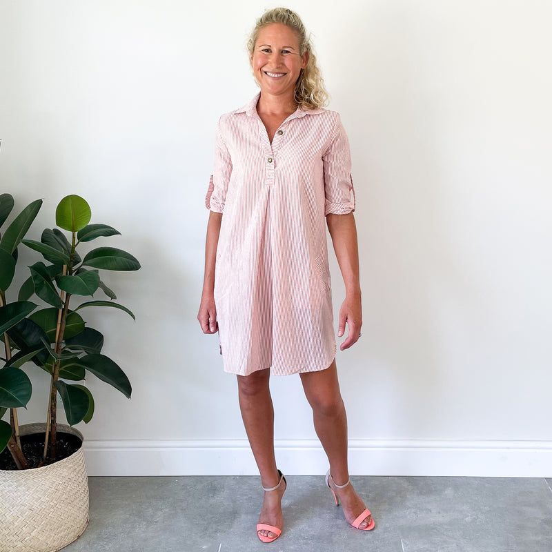 3/4 Sleeve Shirt Dress - Flamingo Stripe