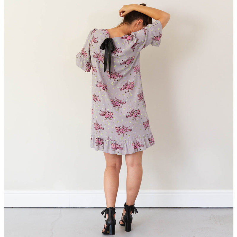 3/4 Sleeve Dress with Frill - Grey Floral Print