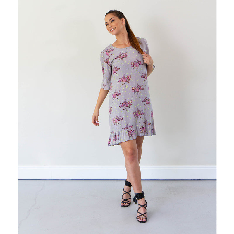 3/4 Sleeve Dress with Frill - Grey Floral Print