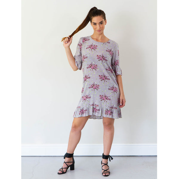 3/4 Sleeve Dress with Frill - Grey Floral Print