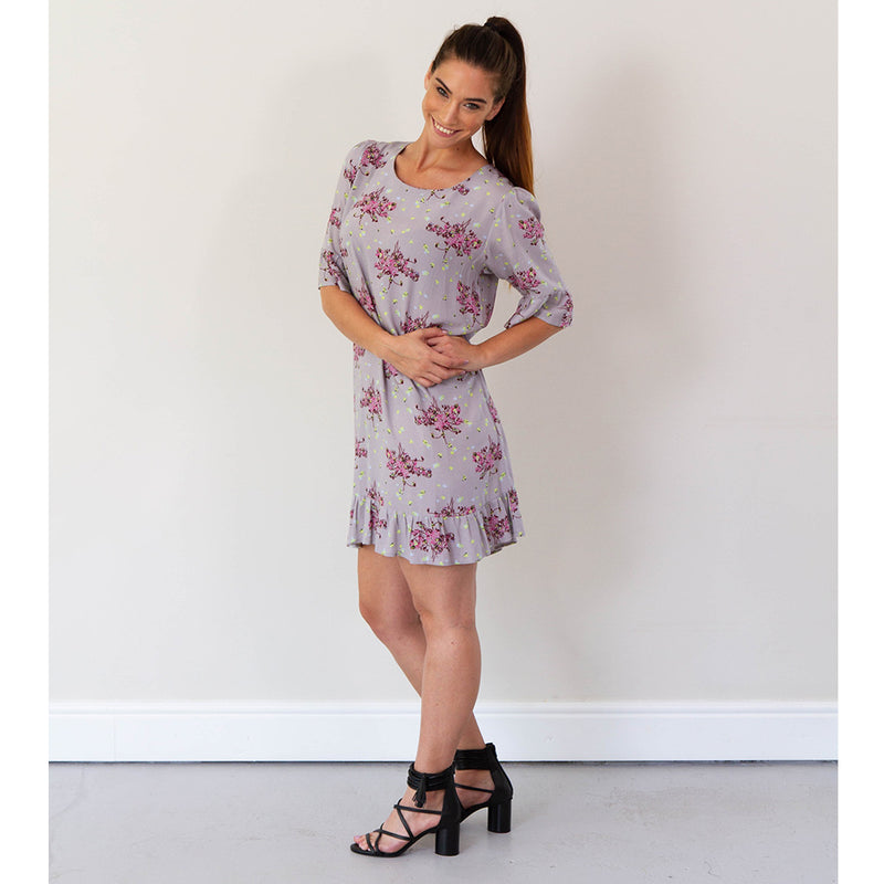 3/4 Sleeve Dress with Frill - Grey Floral Print