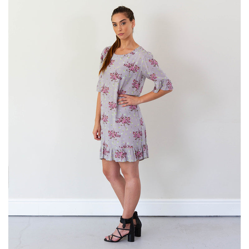 3/4 Sleeve Dress with Frill - Grey Floral Print