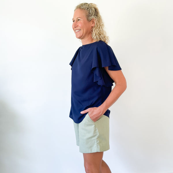 Frill sleeve Top - Navy