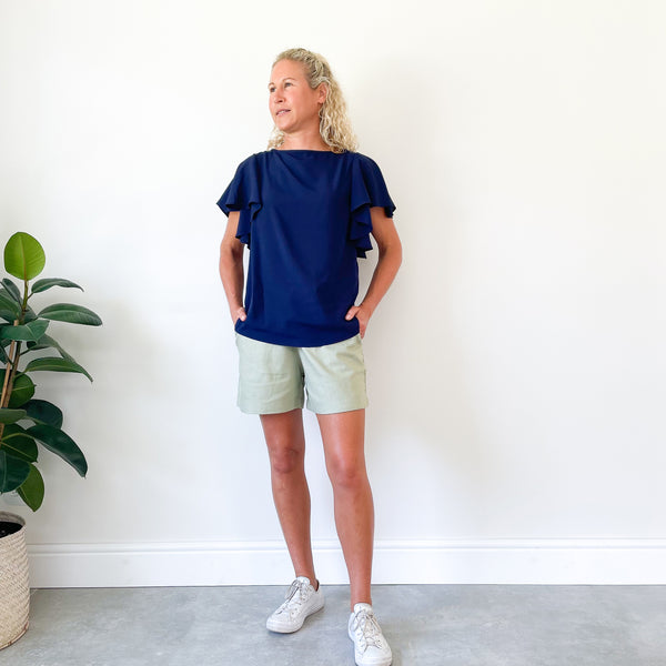 Frill sleeve Top - Navy