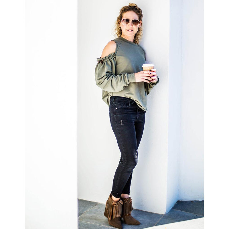 Cold Shoulder Terry Fleece Top - Olive