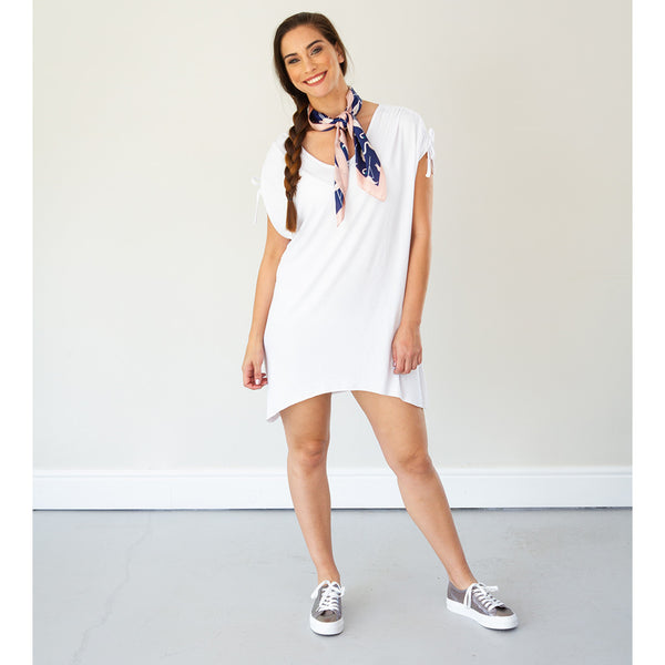 T-Shirt Dress with Drawstring Detail - White