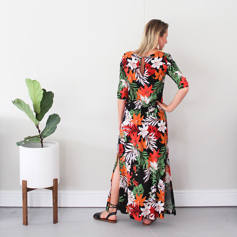 3/4 Sleeve Dress with Side Slits - Print