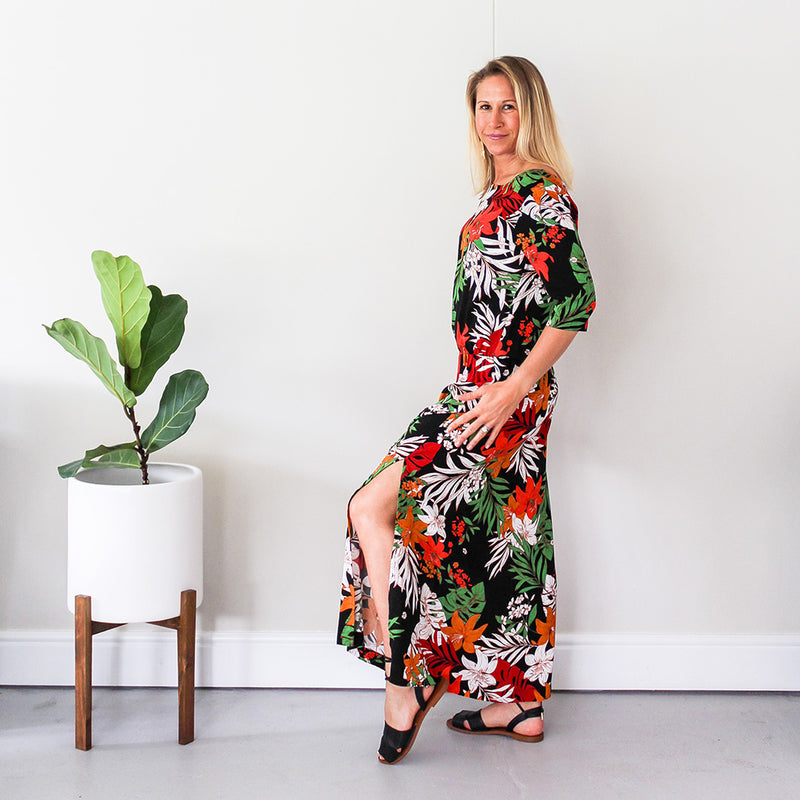 3/4 Sleeve Dress with Side Slits - Print