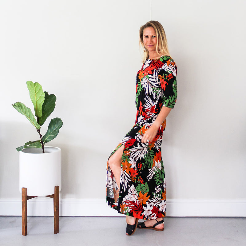 3/4 Sleeve Dress with Side Slits - Print