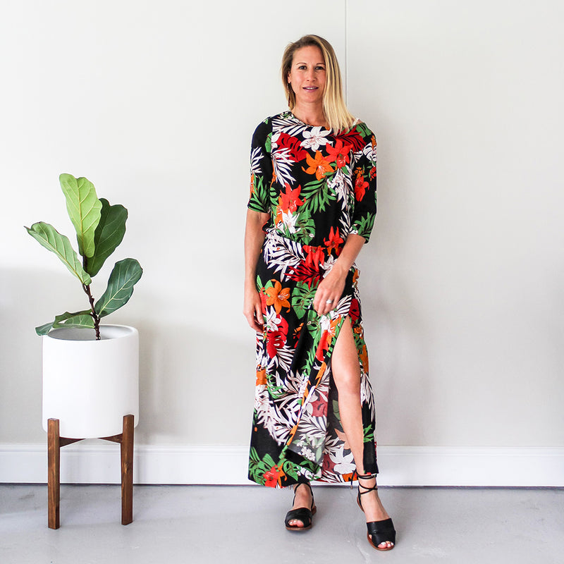 3/4 Sleeve Dress with Side Slits - Print