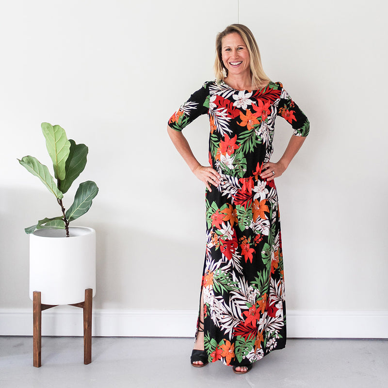 3/4 Sleeve Dress with Side Slits - Print