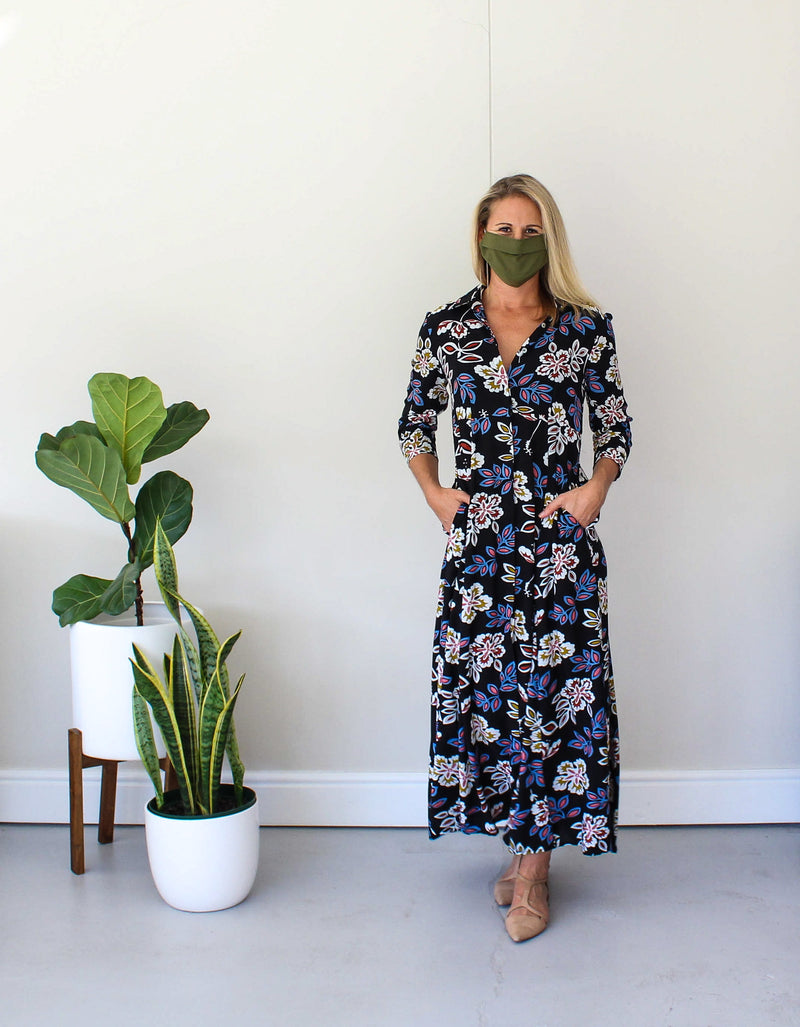 3/4 Sleeve Maxi Dress - Floral Print