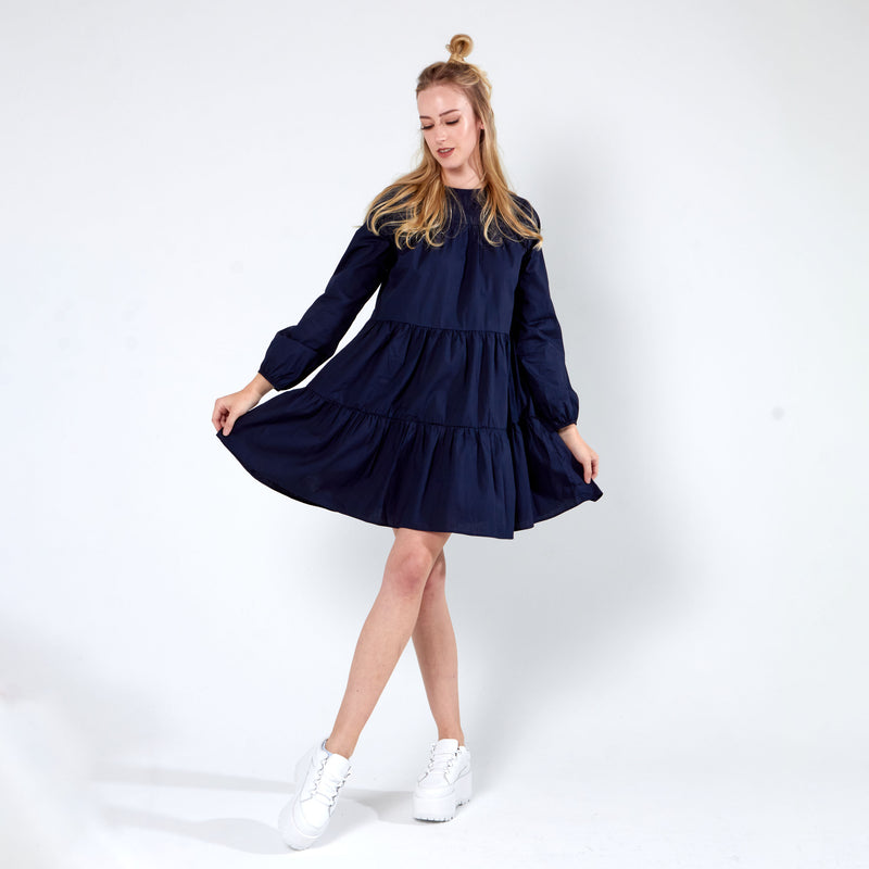 Long sleeve tiered dress - Navy