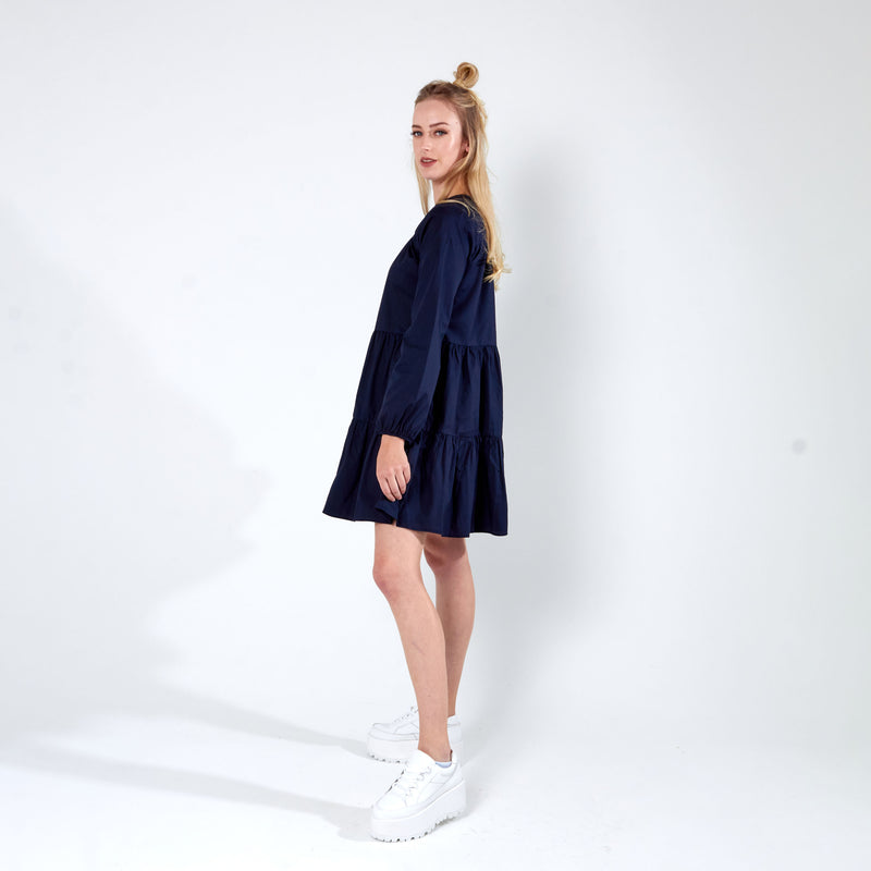 Long sleeve tiered dress - Navy