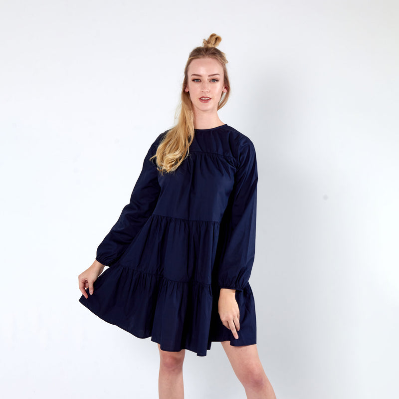 Long sleeve tiered dress - Navy