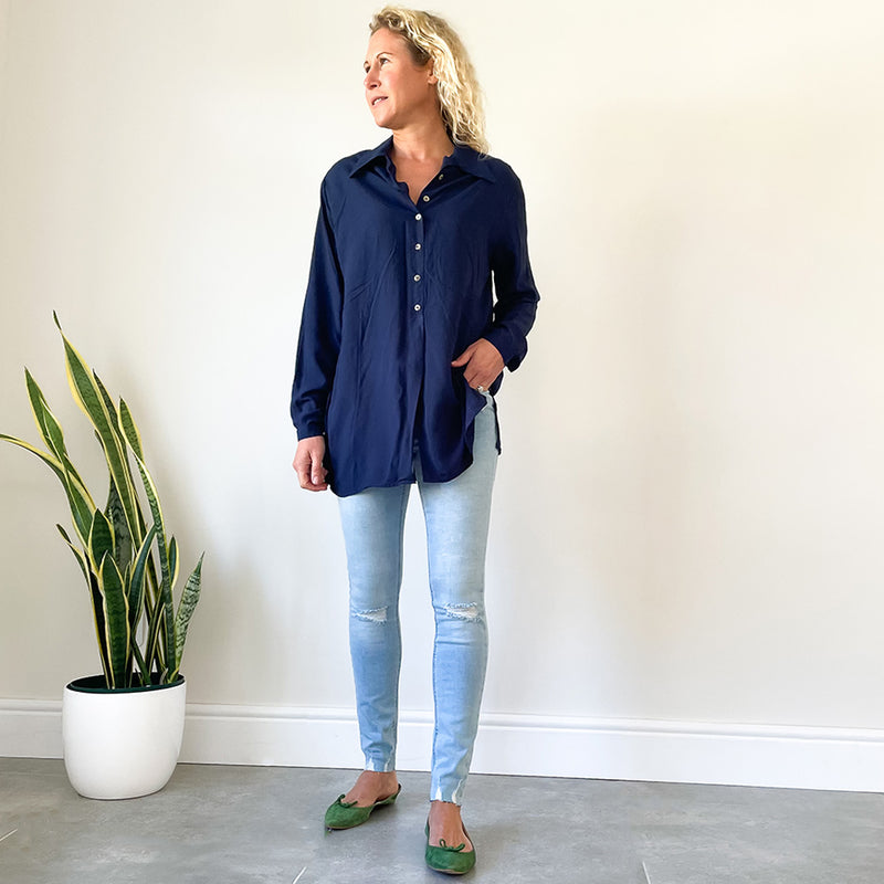 Shirt with Side Slits - Navy
